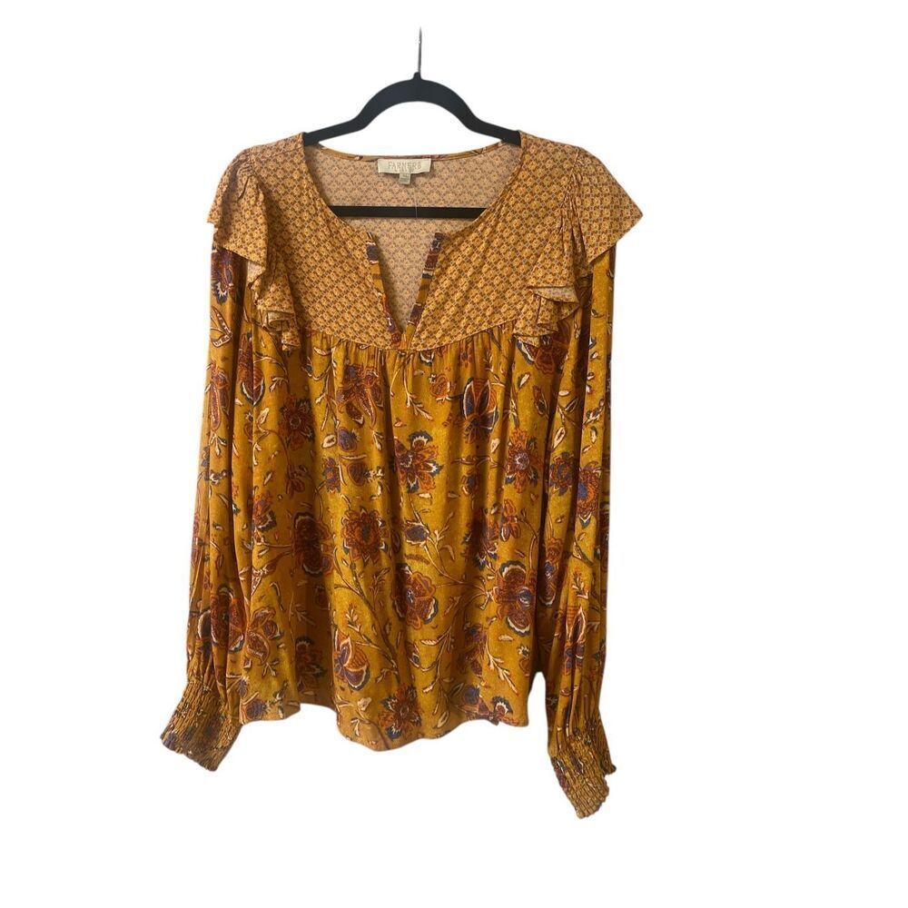 Farmers Market mixed print gold boho blouse pullover style sz XL